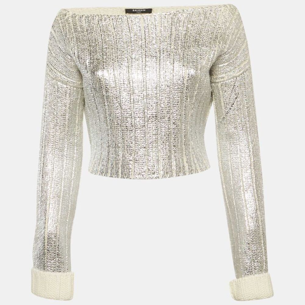 Balmain Silver Metallic Coated Rib Knit Sweater S